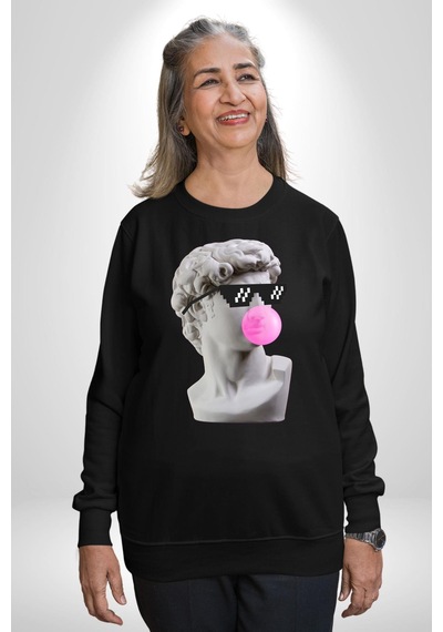 Gözlüklü David'in Kafasının Alçı Heykeli Unisex Siyah Sweatshirt Siyah