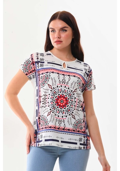 Sistas Kadın Desenli Pencere Detaylı Kısa Kol Bluz 23145 Ekru