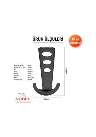 Bemol Lüks Portmanto Askı, Metal, Vestiyer Askı, 185 Gr, Dolap Askılık, Duvar Askılığı, Mat Siyah Vidalı