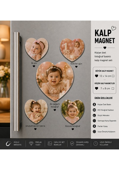 Kalp Fotoğraf Magneti Kız Bebeğe Kişiselleştirilebilir İlk Anılar Ve Büyüme Hediye Seti