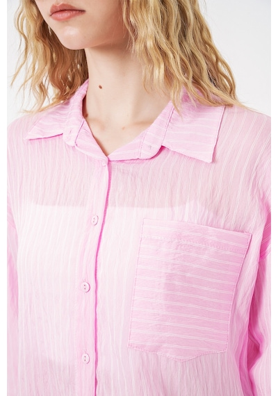 Bigdart Kadın Tek Cepli Çizgili Oversize Gömlek 20375 - Pembe