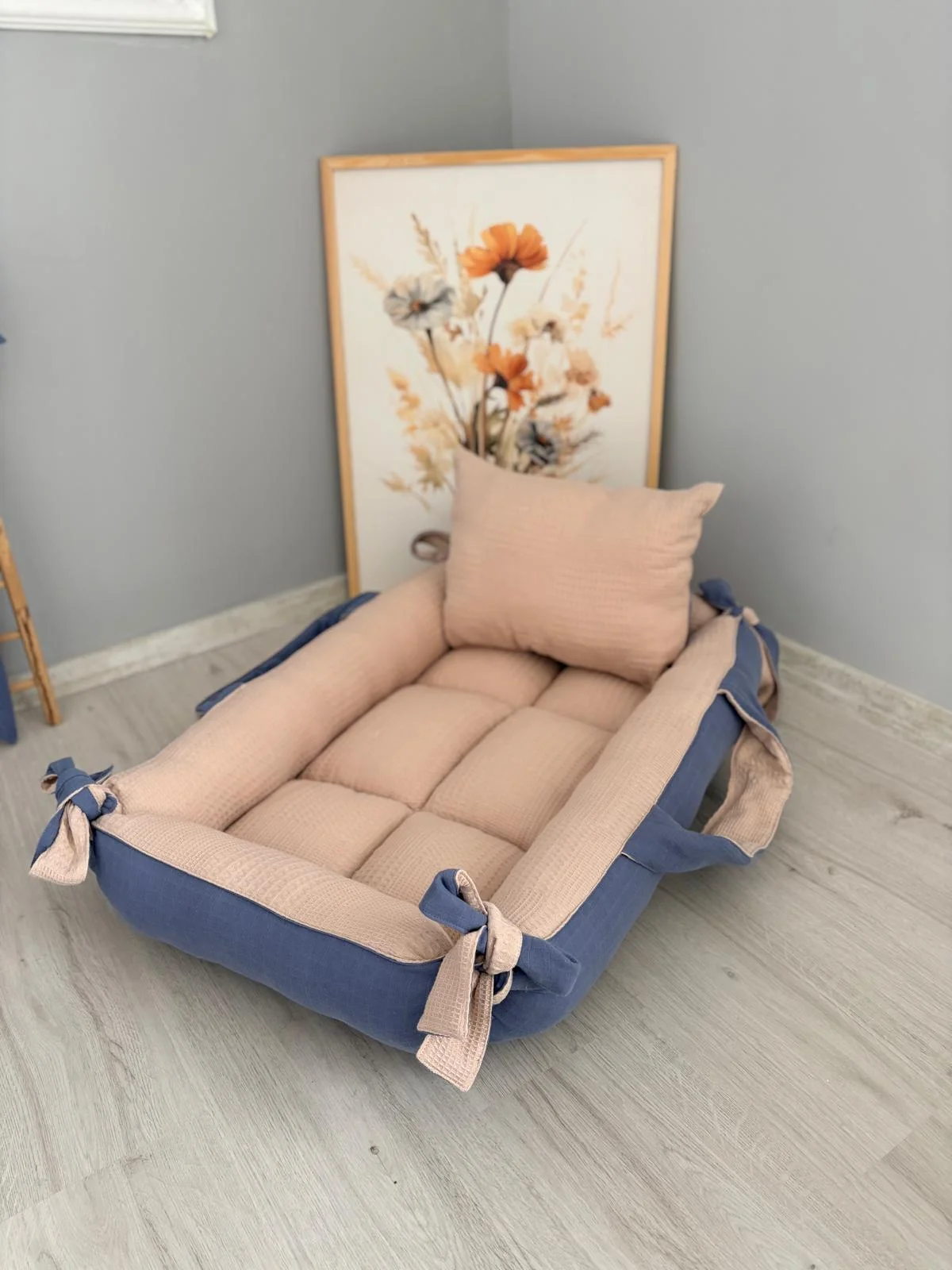 %100 Pamuk Çift Katlı Çift Kullanımlı Anne Yanı Yatağı İndigo Müslin Vizon Pike 40 x 90 x 10 CM