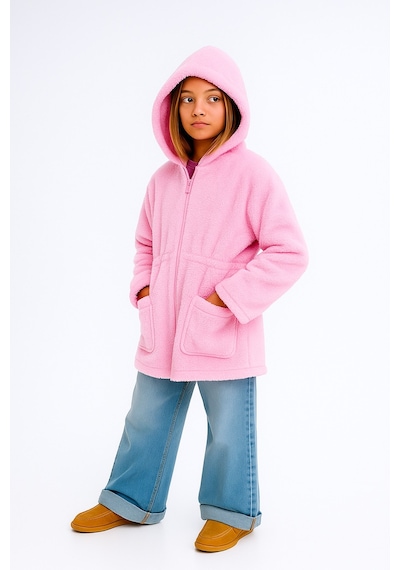 Esila Kids Kız Çocuk Ceket Peluş Kapüşonlu Uzun Kollu Kışlık Ceket 4-9 Yaş Pembe
