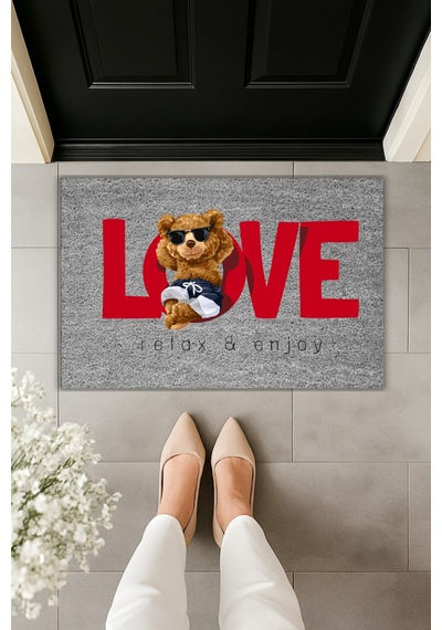 Rugmood Modern Dijital Baskı Paspas - Ayıcık Love - Kapı Önü Paspası 70x45cm Gri