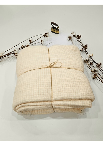 Krem 7 Katlı Çift Taraflı Dolgulu Çift Kişilik Müslin Battaniye %100 Pamuk 230x240 Cm Krem