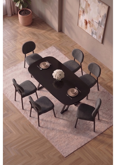 Hooli 90x168 Siyah Mdf Masa, Metal X Ayak, Metal Sandalye, 6 Kişilik Mutfak Masası Takımı Ve Yemek Masası Takımı Antrasit Hooli 90x168 Siyah Mdf Masa, Metal X Ayak, Metal Sandalye, 6 Kişilik Mutfak Masası Takımı Ve Yemek Masası Takımı Antrasit