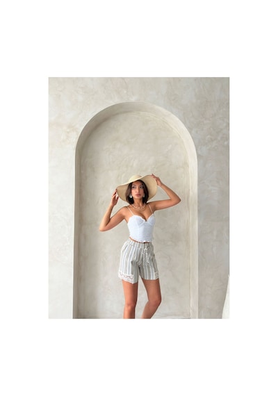 Verymoda Paça Dantelli Çizgili Şort I Vmd2393 Haki