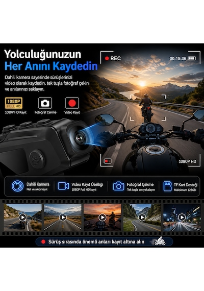 Motosiklet Kask Bluetooth Kulaklığı Kameralı Wifi Destekli Type-c Şarjlı Mikrofonlu Kask İçi Interkom Sistemi