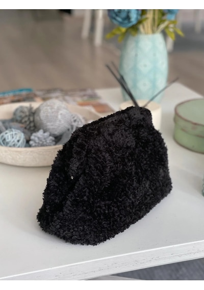 Black İce Ateiler El Yapımı Siyah Renk Kahverengi Leopar Astarlı Teddy Yün Örgü El Çantası Siyah