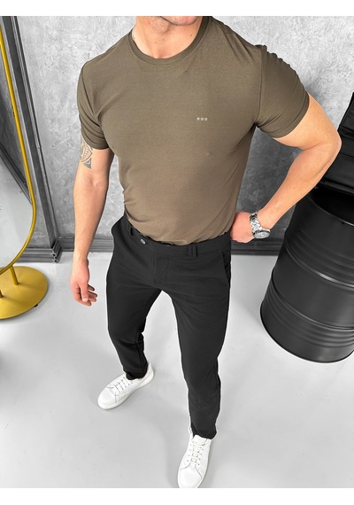 Modefendi Yüksek Kalite Slimfit Merserize Kumaş Bisiklet Yaka Tshirt Haki