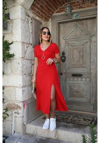 Stilvibe Kadın Kısa Kollu V Yaka Maxi Boy Elbise Editörün Seçtikleri Kırmızı