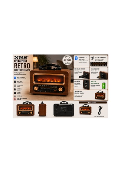 Ns-902bt Şömine Efektli Retro Bluetooth Radyo Ve Hoparlör Nostaljik Tasarım Kahverengi - 913596421