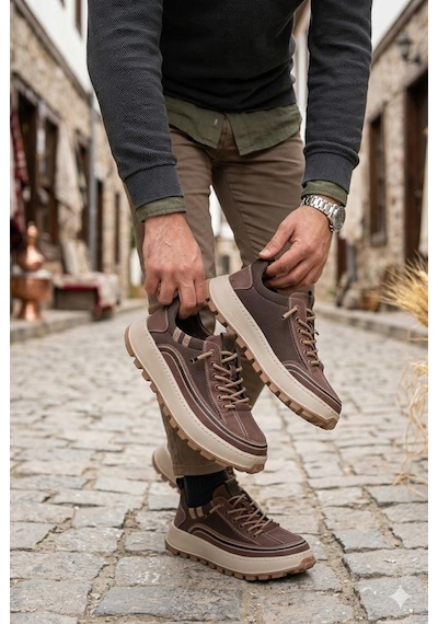 Guja 26y514 Rahat Hafif Taban Tekstil Lastik Bağcıklı Sneaker Erkek Ayakkabı Kahve