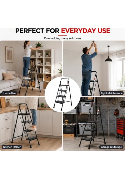 4 Basamak Siyah Katlanabilir Metal Merdiven, Geniş Kaymaz Basamaklı Ev Tipi Portatif Basamaklı Merdiven, Dayanıklı Metal Gövdeli İnce Tasarım Dar Alan Saklamalı Ev İçi Çok Amaçlı Merdiven