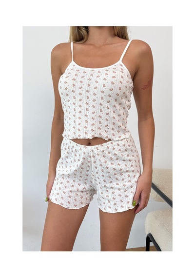 Giysa Kadın Askılı Desenli Şortlu Pijama Takımı Beyaz Ayıcık - 3300