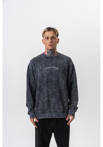 Respire Erkek Divided Baskılı Yıkamalı Bisiklet Yaka Oversize Sweatshirt Siyah