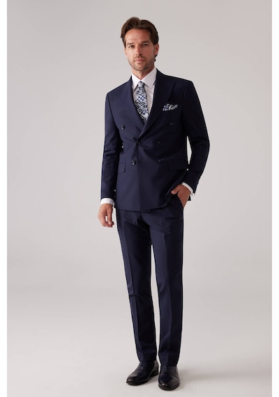 Erkek Lacivert Slim Fit Kruvaze %100 Yün Takım Elbise