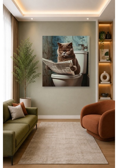 Tam Renk Tekli Kare Banyo Gazete Okuyan Gri British Kedi Dekoratif Kanvas Duvar Tablosu Çok Renkli