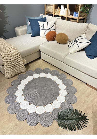 Mavaux Hasır Jüt Çiçek Desenli Kilim Halı Gri - Beyaz