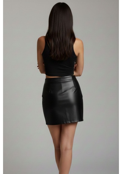 Sermoda Kalem Deri Etek - Bel Lastikli Slim Fit Mini Kalem Etek Ud Siyah Kd Siyah