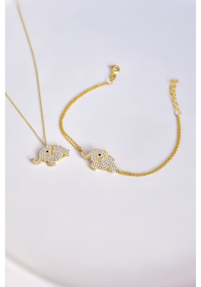 Papatya Silver 925 Ayar Gümüş Gold Kaplama Zirkon Taşlı Fil Kolye ve Bileklik Set