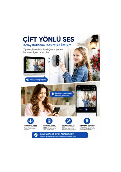 Kablosuz Akıllı Görüntülü Kapı Zili 2.4g Wifi Çift Yönlü Ses, Hareket Algılama, Uzaktan Telefon Takibi 5000mah