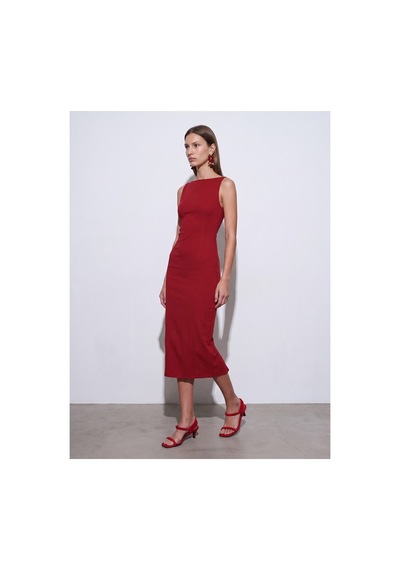 Dilvin 91099 Extra Slim Fit Midi Elbise-kırmızı-16464
