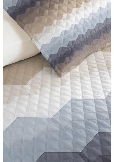 Geometrik Mavi Gri Genç Odası Tek Kişilik Pike Takımı - Modern Bej 160x220 Cm Kapitone Yatak Örtüsü Krem