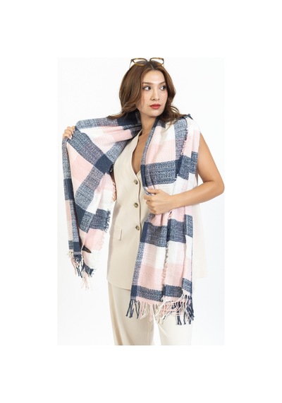 Ladycolor Ekoseli Yünlü Kışlık Şal - 70x200 Cm - Dayanıklı Akrilik Lacivert