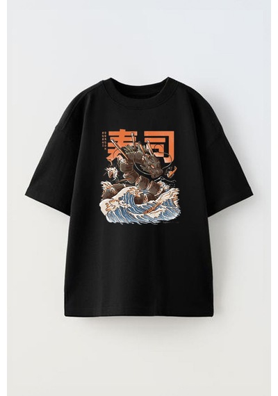 Thewert Unisex Sushi Dragon Tasarım Baskılı Pamuk Sıyah Oversize T-shirt Siyah