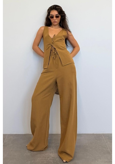 Madmext Camel Önü Bağlamalı Yelek Pantolon Kadın Takım Mg2403