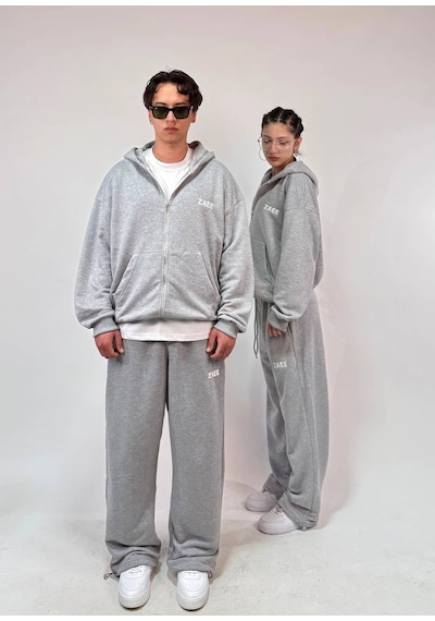 Zaee İnce Kumaş Nakışlı Oversize Premium Zip Hoodie Gri