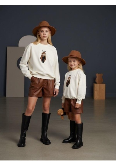 Kız Çocuk İki İplik Ayıcık Nakışlı Tasarım Sweatshirt-16467 Ekru Kahve