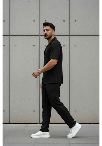 Fifty Color Unisex Trend Bürümcük Krinkıl Kumaş Yazlık Likralı Kısa Kol Gömlek Ve Eşofman Takım Siyah