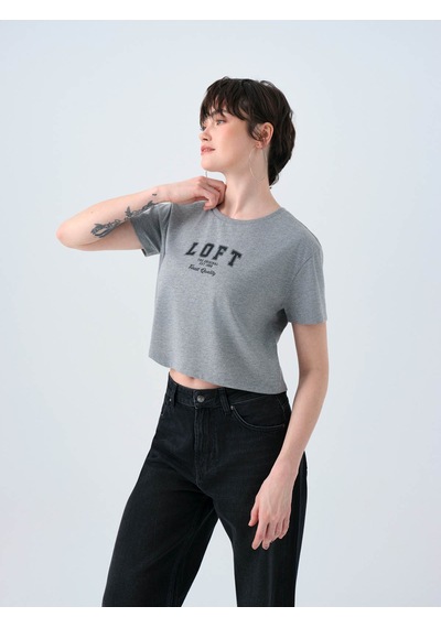 Loft Long Crop Gri Kadın T-shirt Lf2038988 Gri