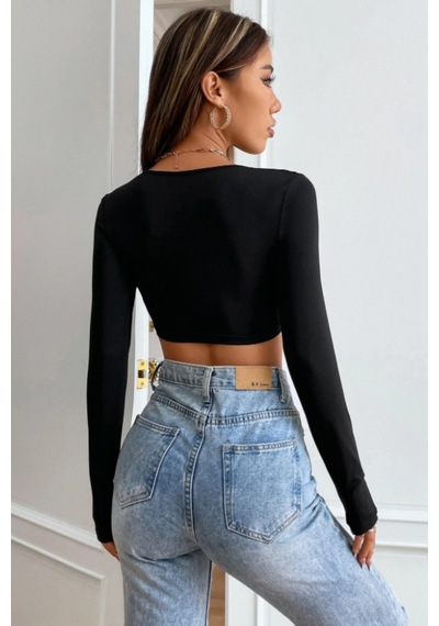 Kadın Crop Bluz Uzun Kollu V Yaka Fit Basic Şık Üst Siyah