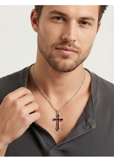Erkek Haç Kolye Gümüş Renk Metal Zincir Kolye Gotik Tarz Şık Unisex Kolye Hc96 Kırmızı