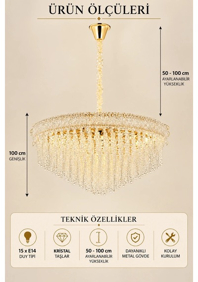 Modern Premium Gold Avize 15xe14 Ampullü Salon Yemek Odası Lüks Sarkıt Avize