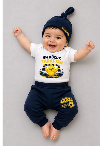 Babyden's %100 Pamuk Sarı Lacivert En Küçük Taraftar Bebek Takımı 3'lü Kısa Kol Body,pantolon Ve Şapkalı Yenidoğan Seti 0-9 Ay Beyaz - Lacivert