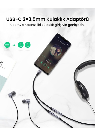 Ugreen 30732 Type C To 2 Li Aux Kulaklık Çıkış Çoklayıcı