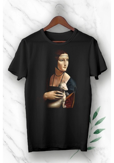 Unısex Siyah Art Leonardo Da Vinci Kakımlı Tablosu Baskılı Tişört Siyah