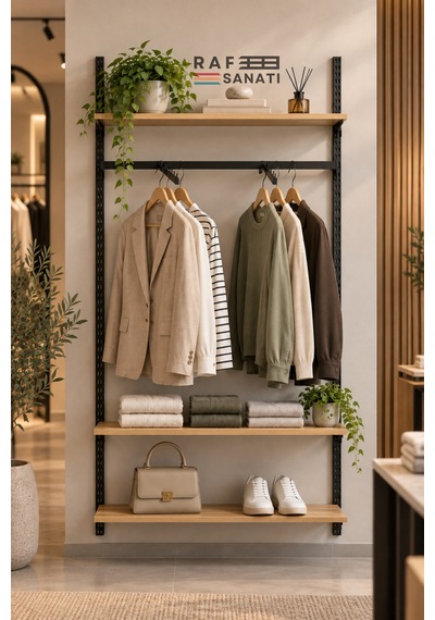 90 Cm Duvar Raf Askılık Sistemi 3 Raflı 200 Cm Konik Dikme Hazır Set Safir Meşe