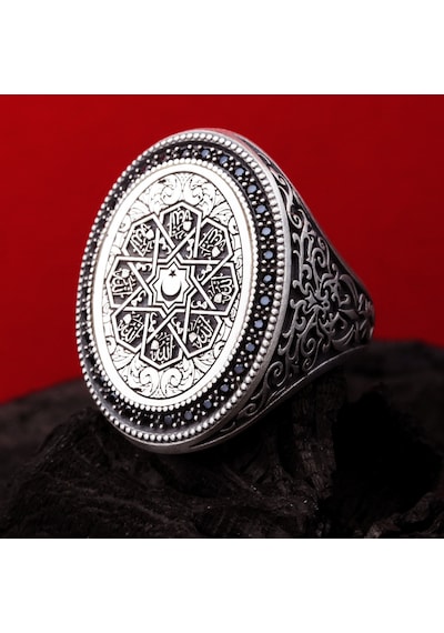 925 Ayar Gümüş Ay Yıldız Motifli Allah Lafzı Yazılı Erkek Yüzük Silver