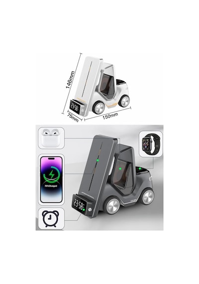 T20 15w 5'i 1 Arada Magsafe Kablosuz Şarj İstasyonu, Dijital Saatli Forklift Tasarım, İphone 16/15/14/13/12, Apple Watch, Airpods Uyumlu Masaüstü Hızlı Şarj Standı Siyah