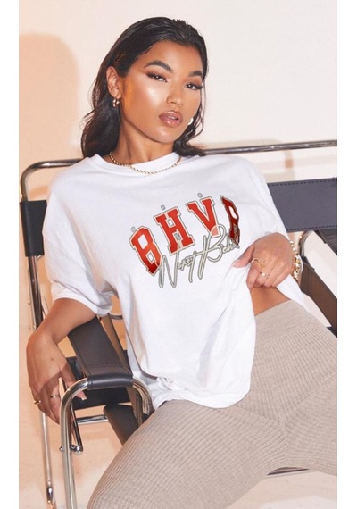 Flood Of Style Kadın Beyaz Bhvr Baskılı Tshirt Lacivert