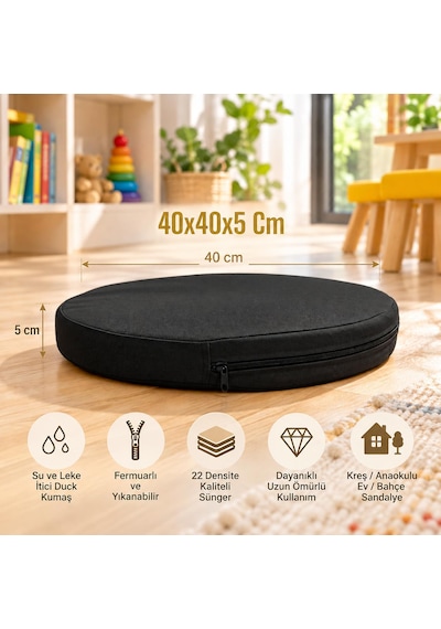 Kreş Anaokulu Yuvarlak Oyun Minderi Aktivite Minderi 40x40x5 Cm - Sandalye Minderi - Bahçe Dekor Minderi Yuvarlak Minder Siyah