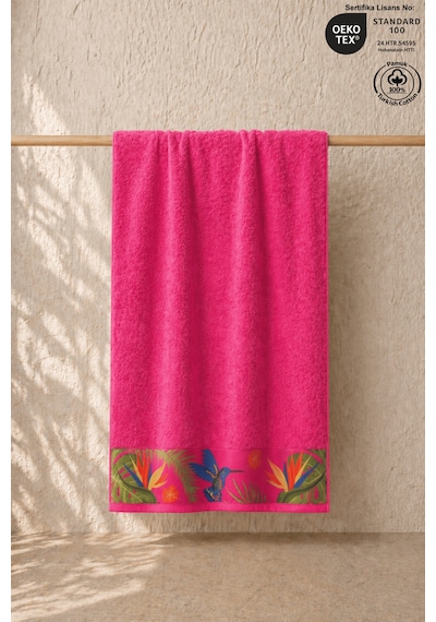 Pembe Plaj Havlusu %100 Pamuk Sertifikalı Tropik Desenli Havuz Havlusu Üstün Emici 75x150cm