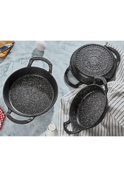 3'lü Döküm Granit Sahan Seti, Tava Seti-18cm-20cm-22 Cm İç Caplar Siyah