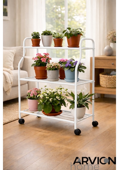Modern Beyaz 3 Katlı Metal Tekerlekli Mutfak Ve Dekoratif Saksılık Çiçeklik Dayanıklı Raflı Stand-organizer Beyaz