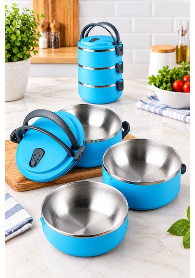 3 Katlı Yeni Nesil Sefer Tası Lunch Box Beslenme Kabı Paslanmaz Çelik 1800 Ml Mavi